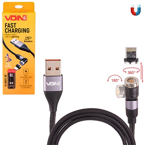 Кабель магнітний VOIN VL-6601L USB–Lightning 3 А, 1 м, шарнірний