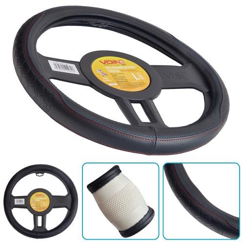 Чохол на кермо Voin VLOD-24LC7 L чорний, екошкіра, червоний шов