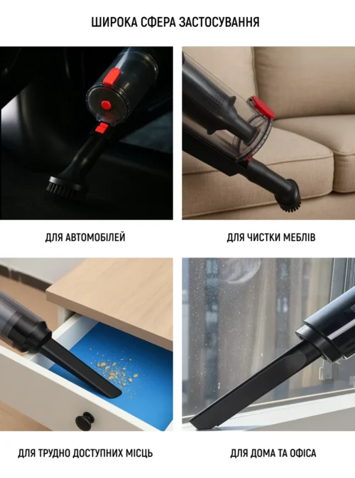Використання пилососа VOIN для авто, меблів, важкодоступних місць та дому
