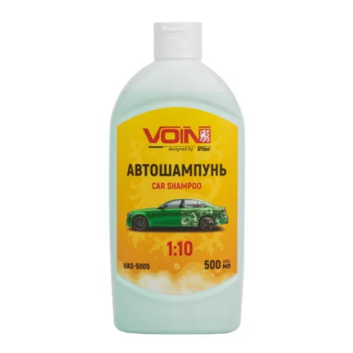 Концентрований автошампунь VOIN 500 мл з пропорцією розведення 1:10 для ефективного миття кузова автомобіля, флакон крупним планом