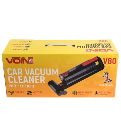 Коробка пилососа VOIN V-80 car vacuum cleaner 120W з характеристиками 5800Pa HEPA filter wet and dry