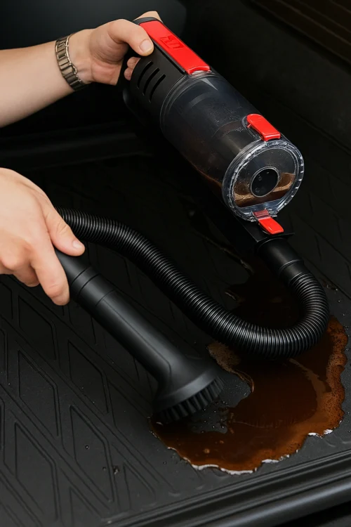 Автопилосос VOIN V80 збирає розлиту рідину з килимка автомобіля за допомогою гнучкого шланга та щітки